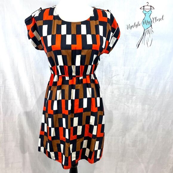 Orange navy and brown geometric print dress size small - Picture 1 of 5